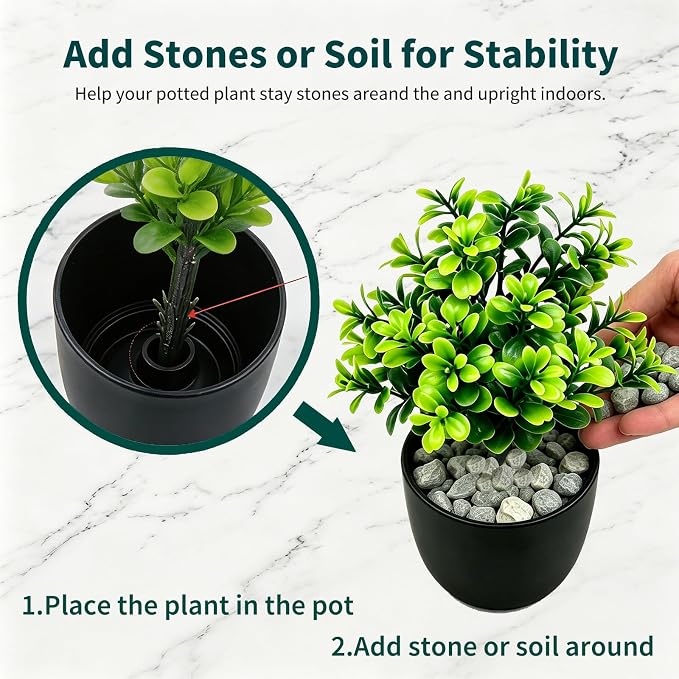 4 Pack Mini Fake Plants Artificial Potted Plants for Home Office Bathroom Shelf Desk Decor, Small Faux Greenery with Black Pots, Assorted Faux Grass & Leaf Plants for Indoor Aesthetic Decoration