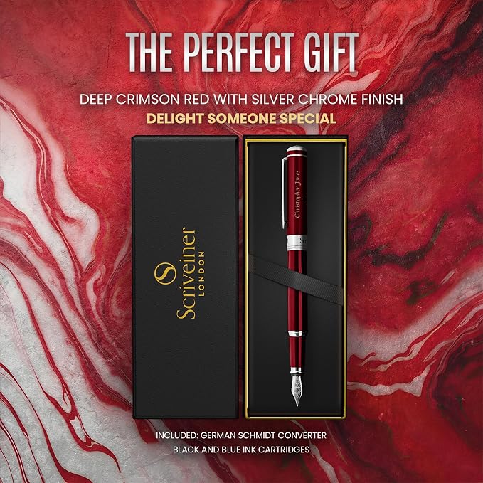 Scriveiner Personalized Deep Crimson Red Pen - Stunning Red Lacquer Luxury Pen with Chrome FinishGerman Schmidt Nib (Medium), Best Engraved Fountain Pen Gift Set for Men & Women, Name Engraving