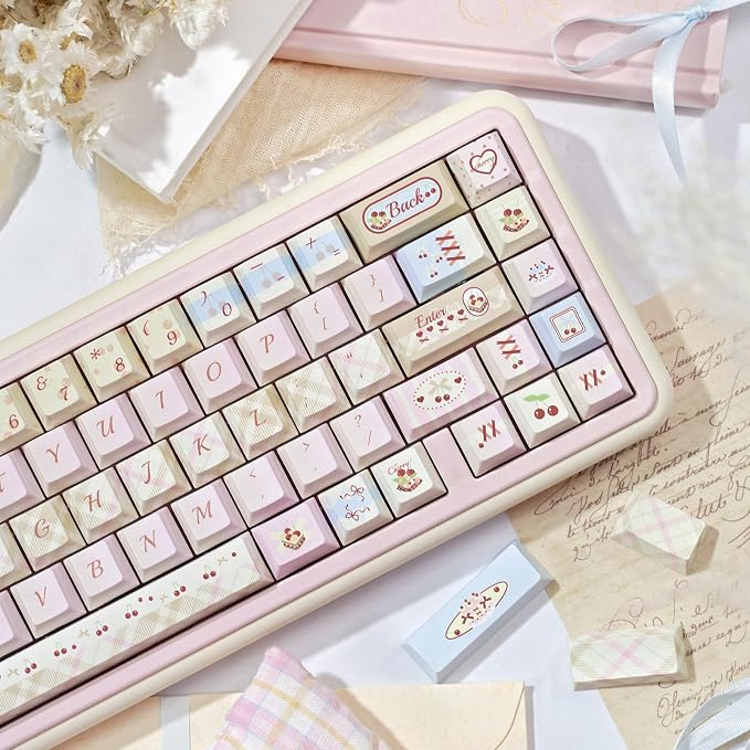 Dye Sub PBT Keycaps Set 145 Keys, Cute Pink Keycap, Cherry Profile Custom Keycaps 60 65 75 100 Percent for 61/64/68/84/87/100/104/108 ANSI ISO Layout MX Switches Gaming Mechanical Keyboard