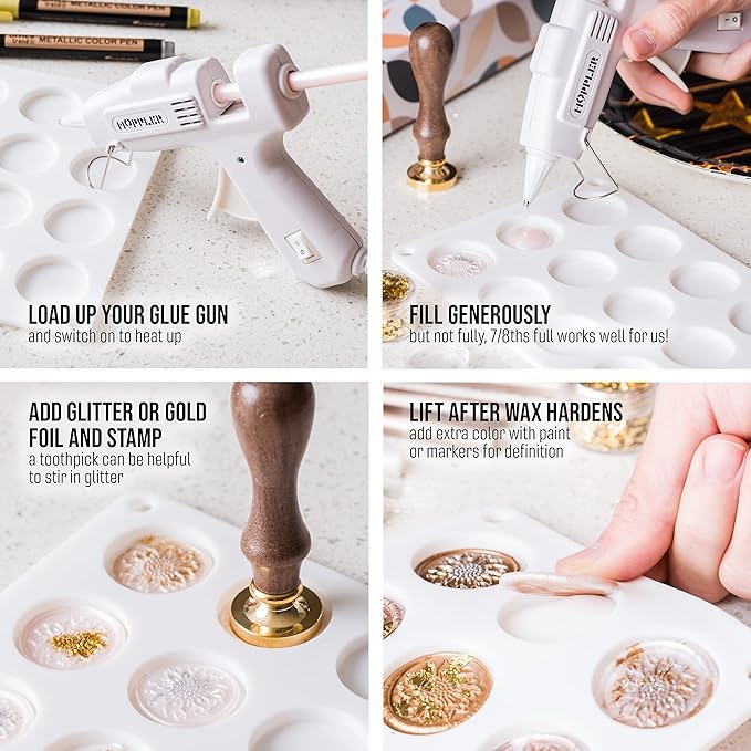 Hoppler Premium Wax Seal Kit with Seal Gun, Wax Sticks, a Flower Stamp, 12 Cavity Silicone Mold, and Extra Additions to Make Seals Stand Out and Make Invitations in Bulk.