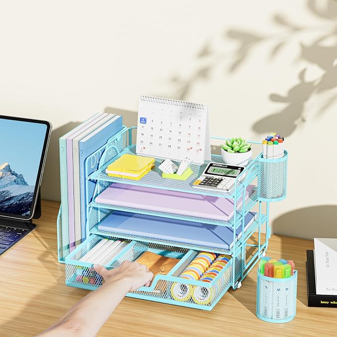 Marbrasse 4-Tier Paper Tray Organizer with Drawer and Pen Holder, Blue | Metal Mesh Desk Organizer, Built-in Drawer & 2 Pen Slots, fits letters/Files, for School Home Office Supplies