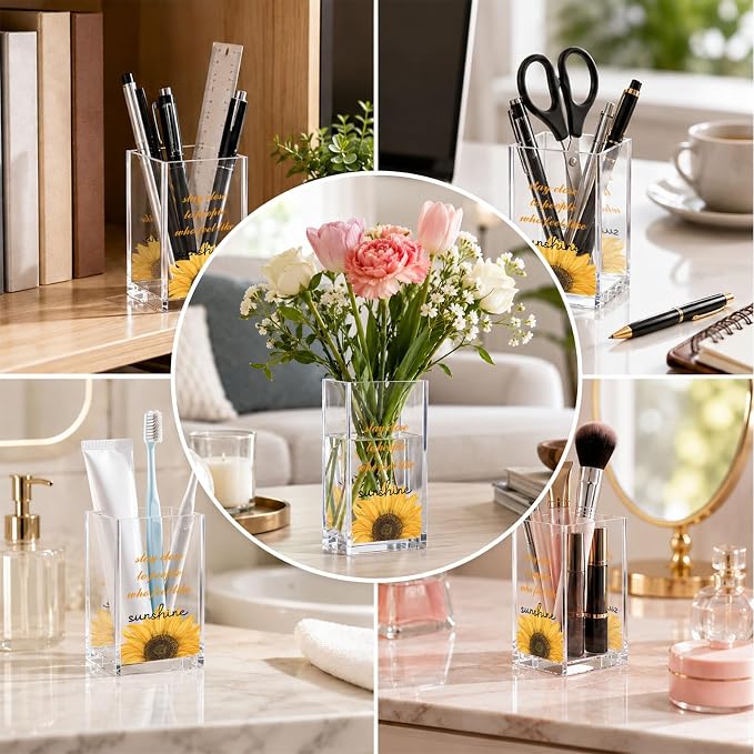 Acrylic Pen Holder Cup Farmhouse Desk Decor, Sunflower Pencil Holder Organizer, Rustic Office Accessories Gift for Women