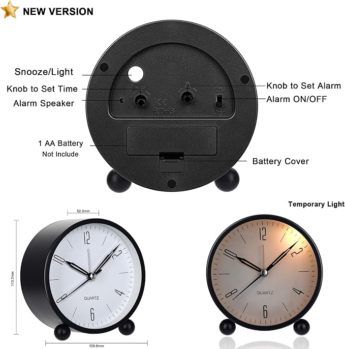 Analog Clock, Alarm Clock Battery Operated, Non Ticking Desk Clocks for Student, Back to School Supplies, Clock for Bedroom with Night Light , Simple Stylish Design, Vintage Clock For Room Décor