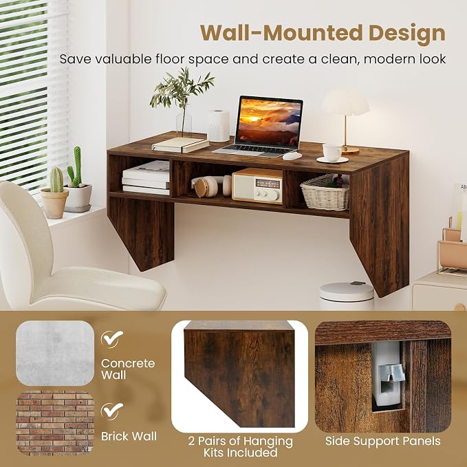 Giantex Wall-Mounted Computer Desk, Floating Laptop Desk with 3 Storage Compartments, Space-Saving Home Office Workstation Vanity Table for Bedroom, Study, Living Room (Rustic Brown)