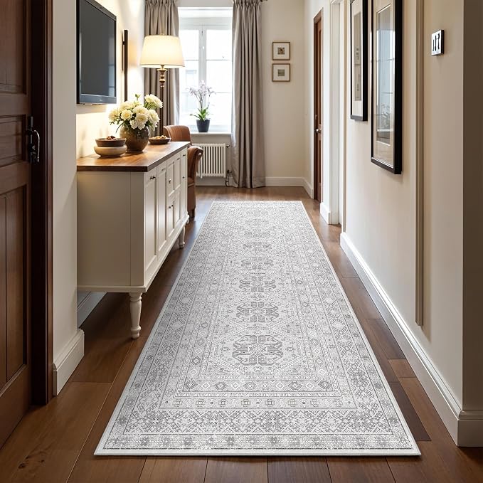 3x10 Runner Rug Kitchen Washable: Oriental Indoor Hallway Runners with Non Slip Backing Floor Mat for Entryway Door Low Pile Thin Carpet for Bedroom Bathroom Living Room Bedside Grey