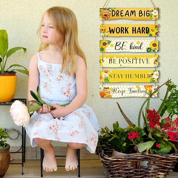Blulu 6 Pcs Rustic Wall Hanging Plaque Sign Back to School Inspirational Wall Art Farmhouse Wooden Door Signs Positive Plaque with Quotes Motivational Quote Decor for Office Bedroom(Floral Style)