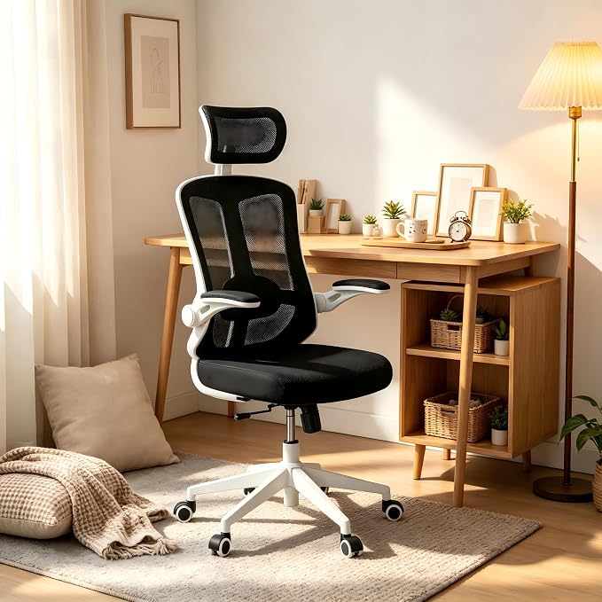 Multifunctional Ergonomic Office Chair—Features an Adjustable headrest, Reclining backrest, and Lumbar Support; Suitable for Home Offices, workplaces, and Dorm Rooms (Black with White Frame)