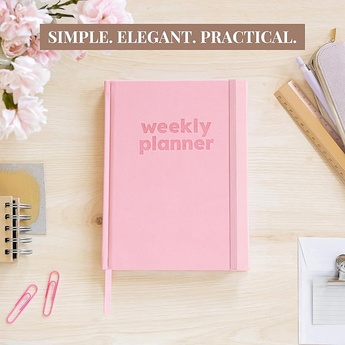 Rileys & Co Undated Daily Planner 8 x 6 in, Day Schedule Planner & Agenda Book, Journal with Goal & Habit Tracker, No Dates Dateless Annual Organizer for Work, School & Home - Pink
