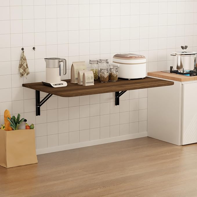 IAE Wall Mounted Floating Foldable Desk, 36" x 22" Folding Computer Workstation Table with Engineered Wood and Metal Shelf Brackets,Fold&Floating Design for Home Office, Apartment,Laundry Room,Walnut