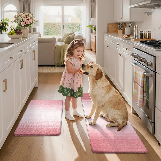 KIMODE Kitchen Anti Fatigue Mats, Boho Farmhouse Kitchen Rugs Sets of 2 | Gradient Pink Memory Foam Kitchen Mats for Floor,Cushioned Rugs for Kithcen Floor Decor Sink Laundry Office 17"x47"+17"x29"