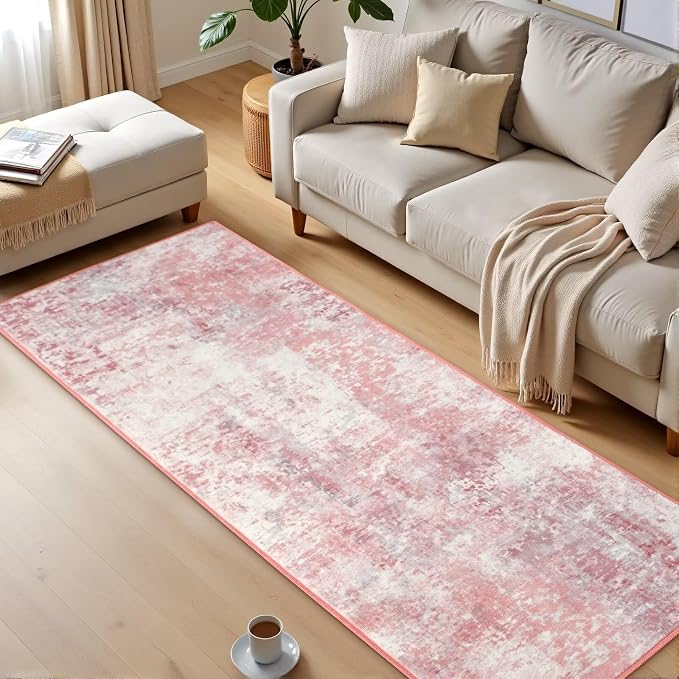 Macgace Washable Abstract Runner Rug, 2x6 Modern Area Rugs with Non-Slip Rubber Backed for Kitchen, Thin but Soft Contemporary Carpet Bedroom Entryway Hallway Decor, Pink