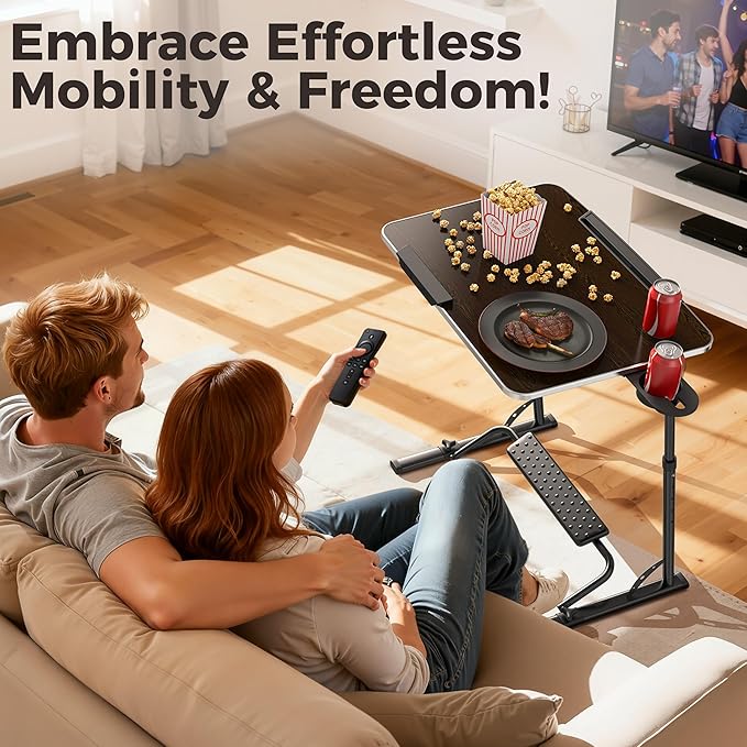 FoldWise Upgraded Folding TV Tray Table - Extra Large & Sturdy Laptop Table for Couch, Height & Angle Adjustable Desk for Dinner, Work & TV - Includes Footrest, Cup Holder, iPad Holder & Edge Stopper