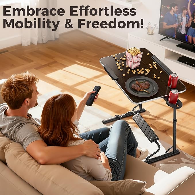 FoldWise Upgraded Folding TV Tray Table - Extra Large & Sturdy Laptop Table for Couch, Height & Angle Adjustable Desk for Dinner, Work & TV - Includes Footrest, Cup Holder, iPad Holder & Edge Stopper