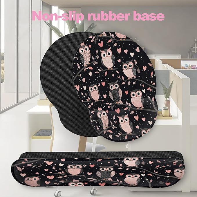 Cute Owl Pink Heart Keyboard Wrist Rest Pad Mouse Pad Set,Ergonomic Mousepad Wrist Support Memory Foam Desk Pad for Gaming Office,Non-Slip Rubber Base Easy Typing for Home Office Computers