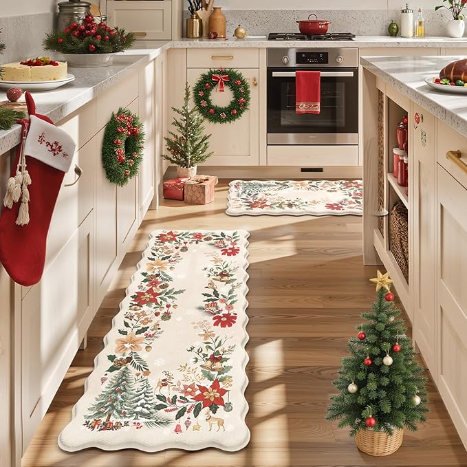 KIMODE Anti Fatigue Kitchen Mats, Christmas Decor Kitchen Floor Mats 17"x47"+17"x29", Farmhouse Tree Kitchen Rugs Sets of 2, Padded Standing Mats for Christmas Decorations Laundry Office Beige