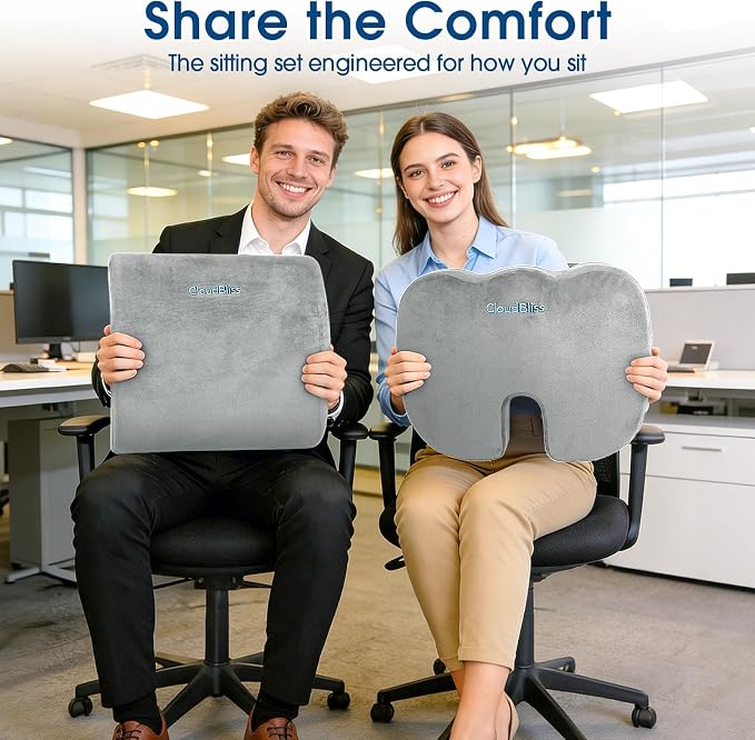 CloudBliss Lumbar Support Pillow & Seat Cushion Set for Office Chair, Desk Chair, Wheelchair & Car – Memory Foam Back Support, Ergonomic Chair Cushions, Sciatica Pain Relief,Home Essentials,Light Grey