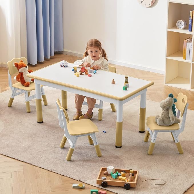 DOREROOM Adjustable Kids Table & 4 Chairs Set, 47.2" L x 23.6" W, Beige | Graffiti Desktop,Table Supports 300 lbs,Toddler Ages 2-8,FSC-certified, Children Activity Table for Daycare, Classroom, Home