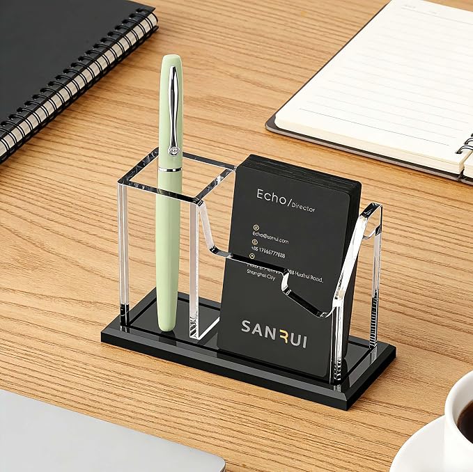 SANRUI Acrylic Business Card Holder with Pen Holder, 2-Slot Vertical | 8mm thick stable base, desktop card organizer for office reception & trade shows, holds cards & stationery, space-saving