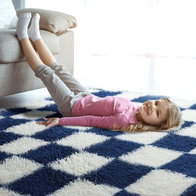 KICMOR Large Area Rug for Living Room 6x9, Big Fluffy Shag Fuzzy Navy Blue and Cream White Checkered Rugs Soft Plush Carpet for Bedroom, Cute Shaggy Rug for Kids Boys Girls Room Nursery Home Decor