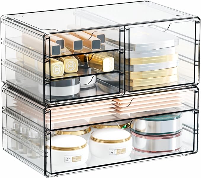 2 Pack Acrylic Drawer Organizer With 6 Drawers,Stackable 11.1” Large Clear Storage Drawers and Makeup Organizer For Vanity,Bathroom Countertop,Cabinet,Pantry,Office Supply Storage Bins Drawers