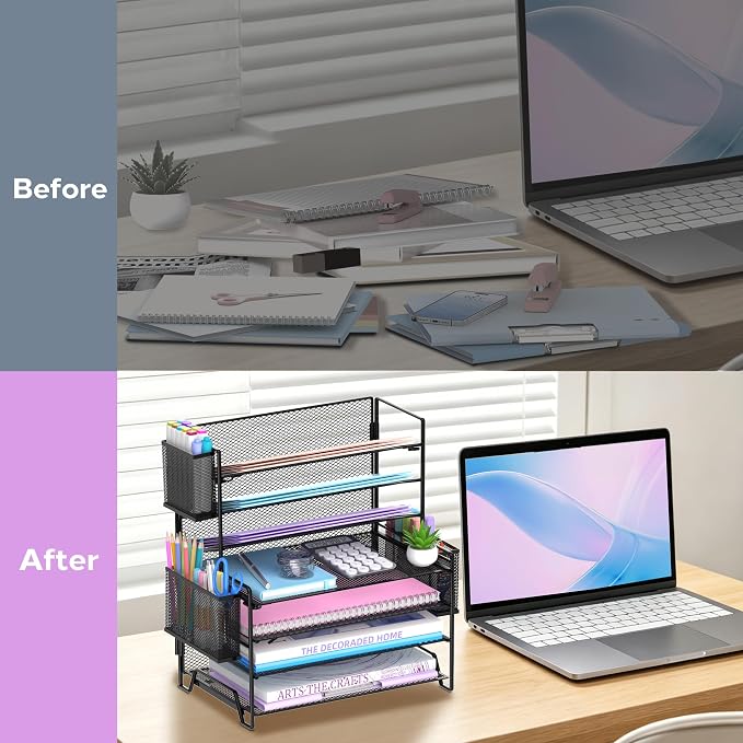 7-Tier Desk Organizer with 3 Pen Holders, Metal Letter Tray, Black | Metal Mesh File Organizer with 3 Side Holders for Paper, Notes, Pens and Office Supplies at Home, School or In the Classroom