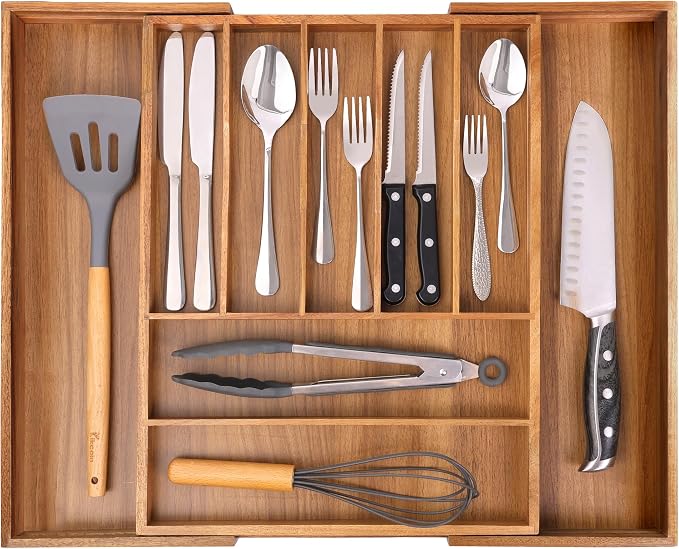Large Premium Acacia Wood Silverware Organizer - Expandable Utensil Drawer Organizer - 17"x19.6" Utensil Holder and Cutlery Tray with Grooved for Kitchen Flatware Utensils(7-9 Slot, Acacia)