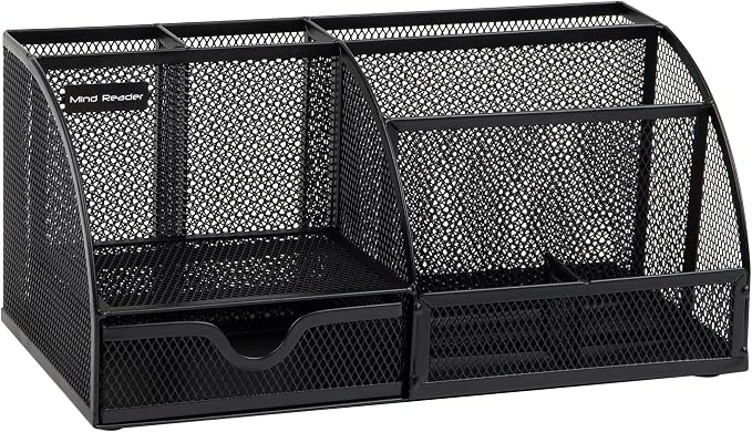 Mind Reader 7-Compartment Desktop Organizer, Metal Mesh Desk Organizer for Pens, Sticky Notes, Mail and Office Supplies, Black
