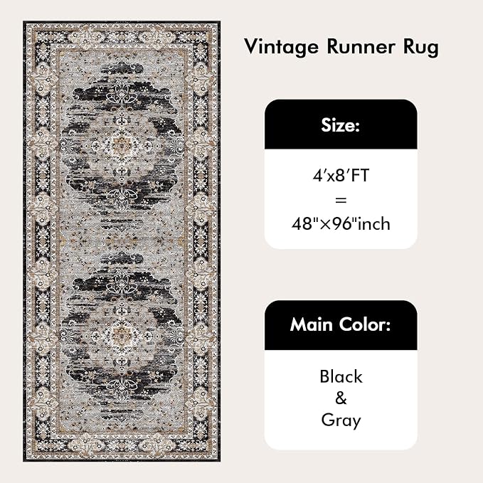 4x8 Runner Rug for Hallway Washable: Non Slip Kitchen Rugs with Rubber Backing Soft Waterproof Wide Mats Stain Resistant Low Pile Carpet for Entryway Bedroom Bathroom Laundry Home Decor Black/Gray