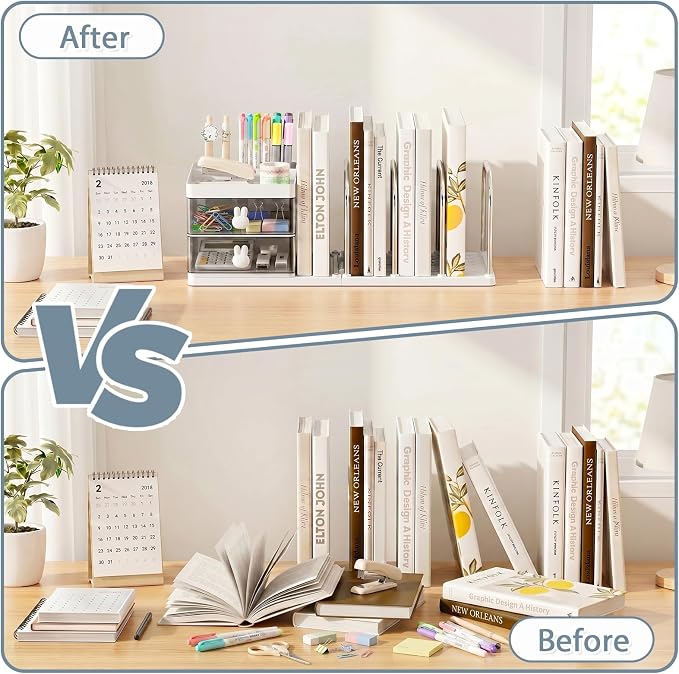 Marte Vanci Desk Organizer with File Holder, Versatile Tidy Organizer with 2 Drawers & Pen Holder, Stationery Storage Rack Detachable Bookends Desktop Caddy for Home Office Supplies Desk Accessories