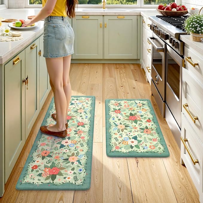 KIMODE Anti Fatigue Mats for Kitchen Floor Green Farmhouse Kitchen Rugs | 17"x47"+17"x29" Kitchen Rugs Sets of 2 Cushioned Kitchen Floor Mats Non Skid,Memory Foam Mats for Laundry Office Sink Desk