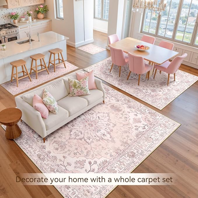 RELEANY Area Rugs 6'x9' Washable Non-Slip, Floral Vintage Distress Medallion Carpet for Living Room Bedroom Dining Room, Pink Greypink Cute