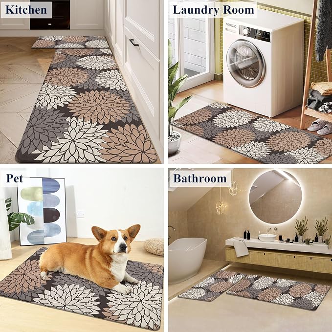 HEBE Anti Fatigue Kitchen Rugs Set of 2, Cushioned Kitchen Mats for Floor | Non Slip Washable Kitchen Runner Rug Set, Floral Stain Resistant Waterproof Comfort Mat Carpet for Sink, Standing Desk