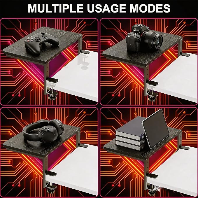 Clamp-On Desk Extender, 15 x 9.5 Inch Monitor Riser | Height options, No-drill setup, 3-in-1 use, 44 lb load, Office station, Gaming area, Black finish