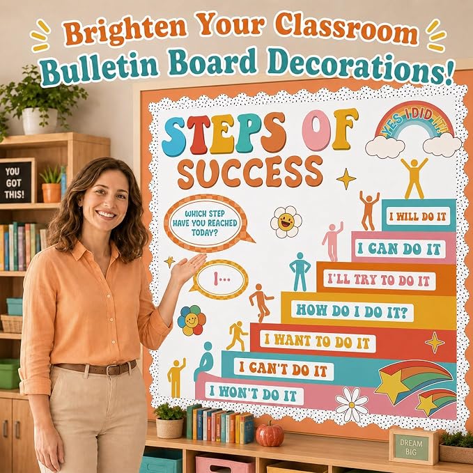 Motivational Bulletin Board Decorations Set Back to School Positive Classroom Decor Steps of Success Paper Cutouts Educational Sayings Accents for School Door Wall Chalkboard Decor Supplies (Groovy)