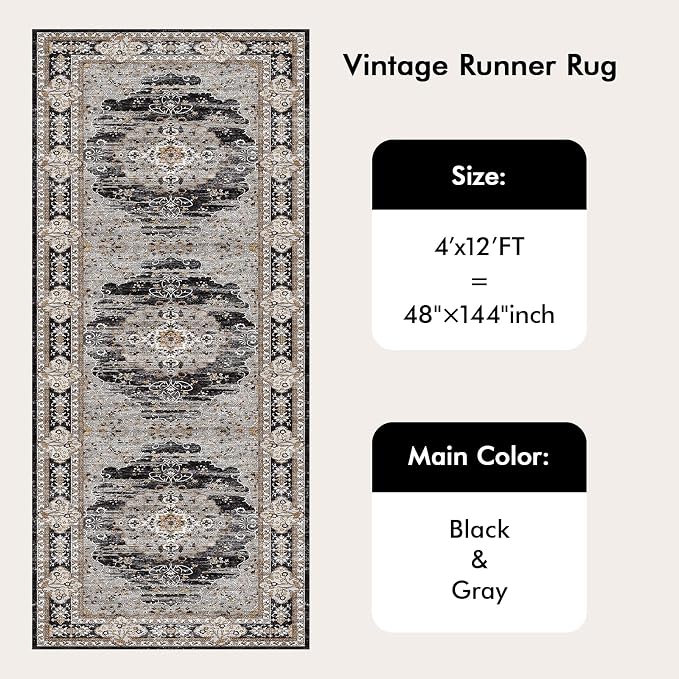 4x12 Runner Rug for Hallway Washable: Non Slip Kitchen Rugs with Rubber Backing Soft Waterproof Wide Mats Stain Resistant Low Pile Carpet for Entryway Bedroom Bathroom Laundry Home Decor Black/Gray