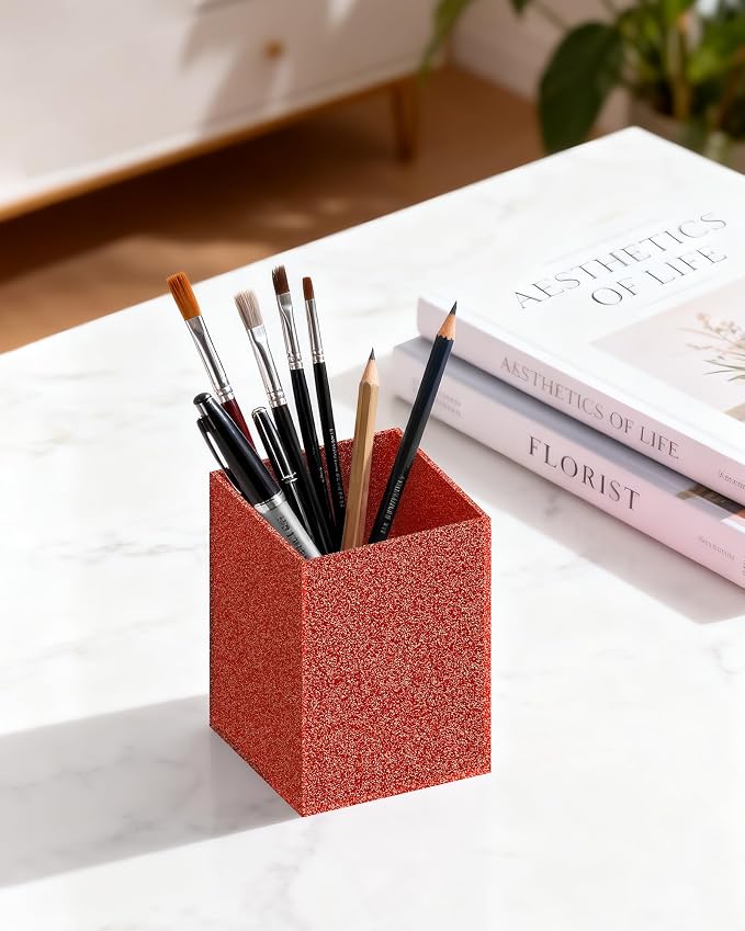 Acrylic Pen Holder Desk Organizer for Office, Red Glitter | Sparkling glitter acrylic makeup brush and pencil holder for desk, Modern desktop organizer for home, school and office