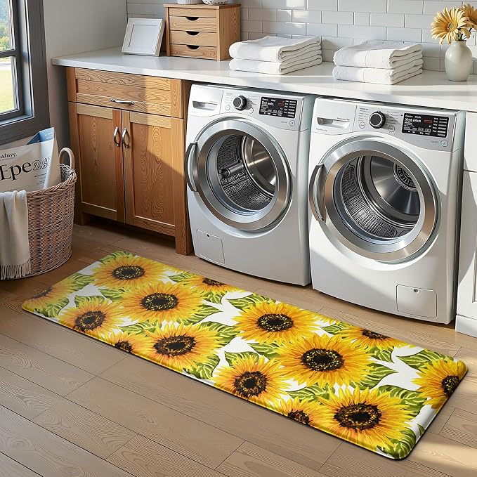 MAYHMYO Sunflower Kitchen Decor Mat Set, 2PC Kitchen Mats, Anti Fatigue | Sunflower Pattern,Yellow docor,Cushioned comfort,Non-slip backing,Easy to clean,Water-resistant,Kitchen,Laundry