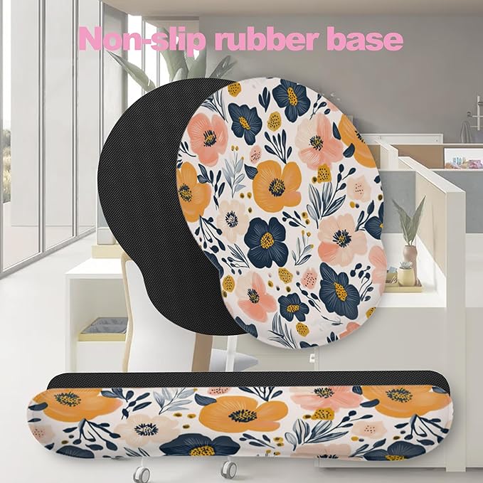 Abstract Groovy Flower Keyboard Wrist Rest Pad and Mouse Pad Wrist Support Set,3-in-1 Ergonomic Mouse Pad with Non-Slip Rubber Base for Home Office Game Computers Desk,