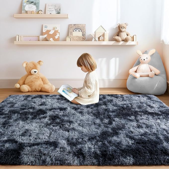 Fluffy Soft Runner Rug for Bedroom Hallways, 2x6 Area Rugs for Living Room, Modern Shaggy Carpets Fuzzy Rug for Boys Girls Dorm Nursery Home Decor, Upgrade Non-Slip Durable, Tie-Dyed Blue Grey