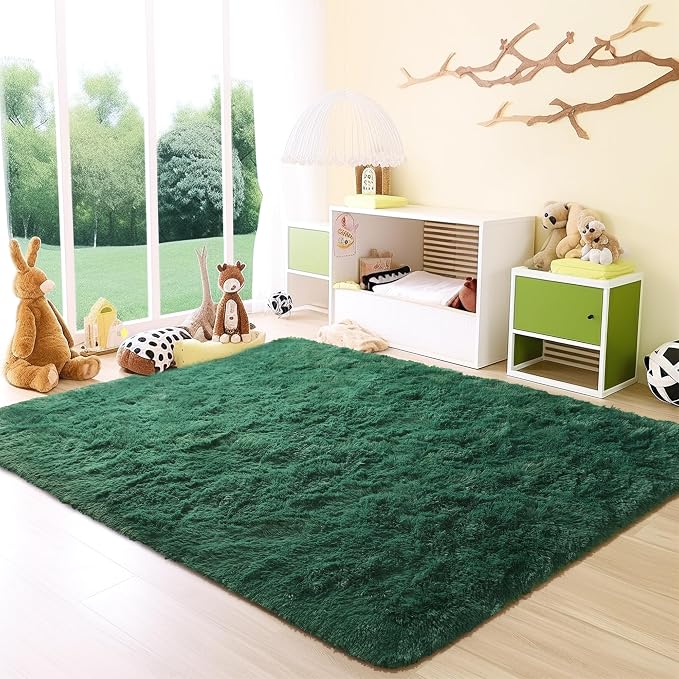 Awaytail Fluffy Rug Flame Resistant 8x10 Feet, Forest Green Shaggy Rugs for Living Room Washable 8x10 Area Rugs Clearance