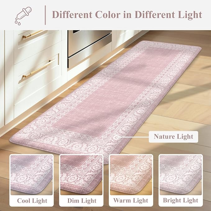 LEEVAN Anti Fatigue Kitchen Mats for Floor, Cushioned Kitchen Mat Set 2PCS | 17.3"x29"+17.3"x47", Boho Floral Pink Kitchen Rugs Non-Slip, Waterproof Ergonomic Standing Mats for Laundry, Office & Sink