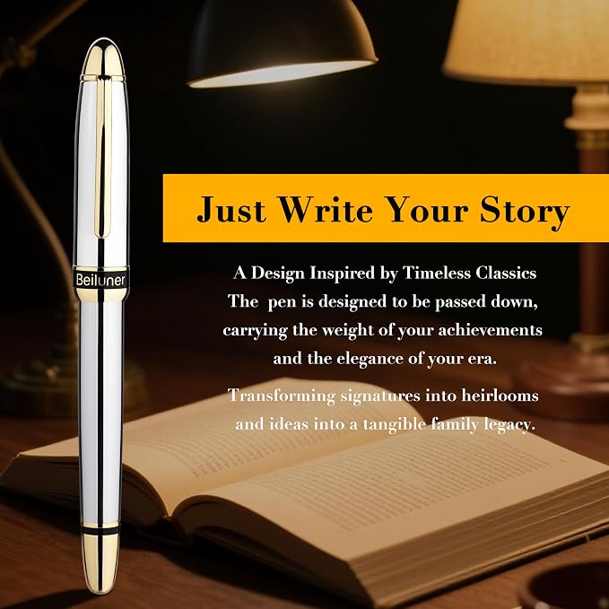 BEILUNER 315 Silver Chrome Fountain Pen,Stunning Luxury Pens with 24K Gold Accents, Gorgeous 24K Gilded Nib(Fine), Ink Converter,Fancy Pen Gift for Men&Women-Elegant, Office, Writing, Nice Design