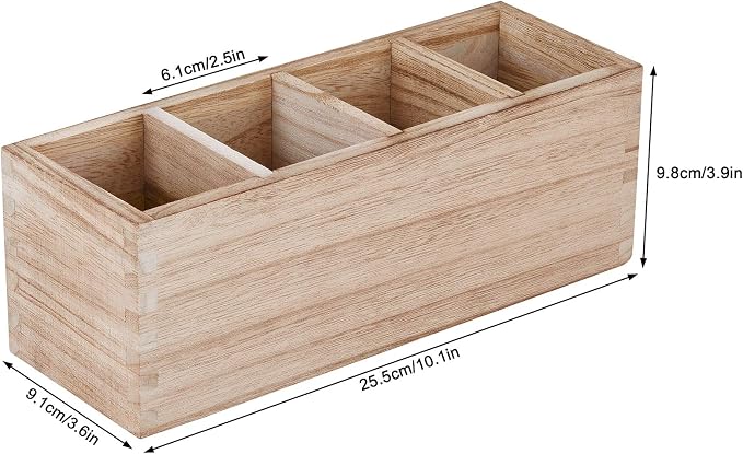 WuGeShop Wooden Pen Pencil Holder for Desk, 4 Compartment Rustic Rectangular Pen Organizer, Wood Desktop Organizer Caddy, Multi Purpose Use for Home School Office Supplies, Stationery
