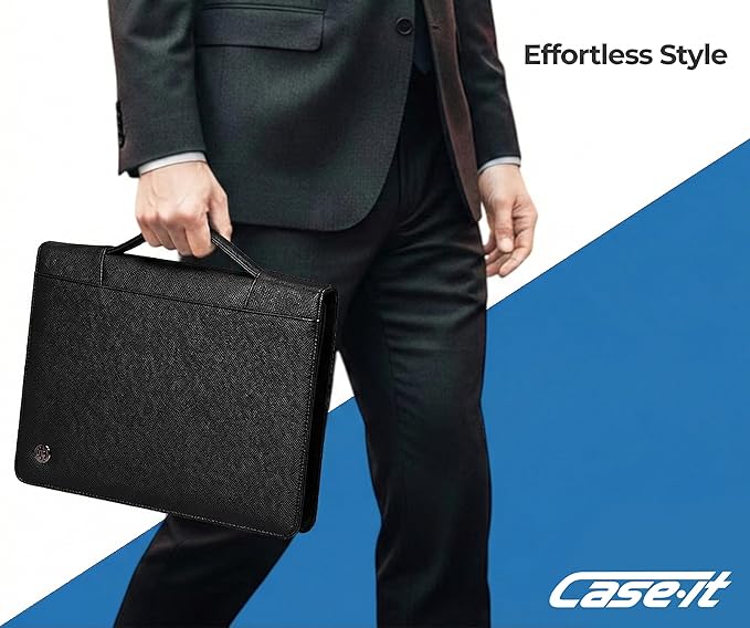 Case-it Executive Zipper Padfolio with Removable 3-Ring Binder and Letter Size Writing Pad, Pebbled Faux Leather Black (PAD-40)