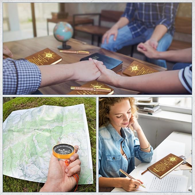Fuyoooo 4 Pcs Baptism Gift Set for Men First Communion Gift Include Christian Journal Bible Notebook Engraved Compass and Religious Catholic Pen for Church Pastors