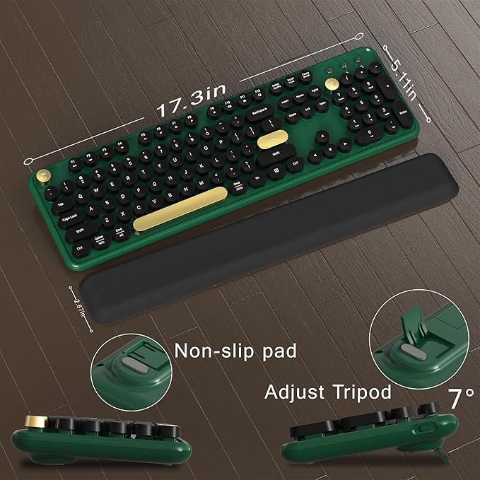 MPTOG Colorful Wireless Computer Keyboard and Mouse Combo with Round Typewriter Keycaps, Retro Design, Power Switch, Ergonomic Design, 2.4GHz Wireless for Windows, Mac, PC(Dark Green)