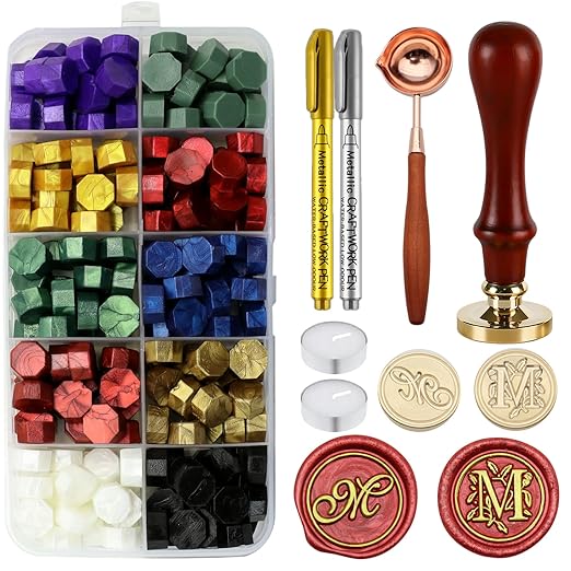 Letter Wax Seal Stamp Kit - Initial Alphabet M Stamp Head 2pcs, Vintage Monogram Stamps Wax Seal Kit with 200pcs Assorted Sealing Beads, Spoon, Metallic Gold Silver Pens
