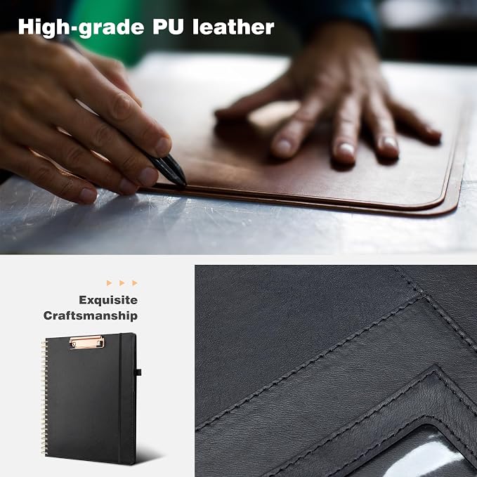 Ospelelf Clipboard with Storage Spiral Clipboard Folio for Letter Size,Organizer Folder with Zipper Pouch and 5 Dividers,Leather Portfolio for Office, School Black