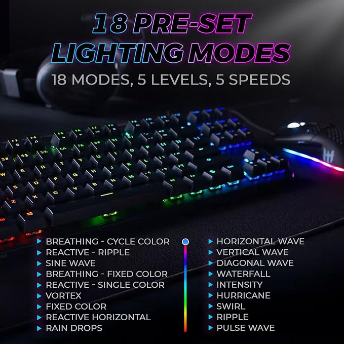 TECWARE Phantom 87 Key RGB Mechanical Gaming Keyboard | Outemu Blue Switch | 16.8M Color LED Lighting | 18 Pre-Set | Low Latency | N-Key Rollover | Software Customizable Keys | Wired USB Connection