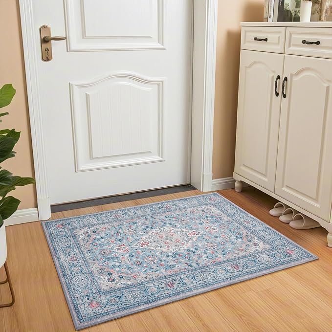 Blue Small Washable Area Rug, 2x3 Boho Vintage Entryway Rugs, Soft Non Slip Floral Door Mat, Aesthetic Low Pile Carpet for Front Door Entry Carpets Entrance Bedroom Kitchen